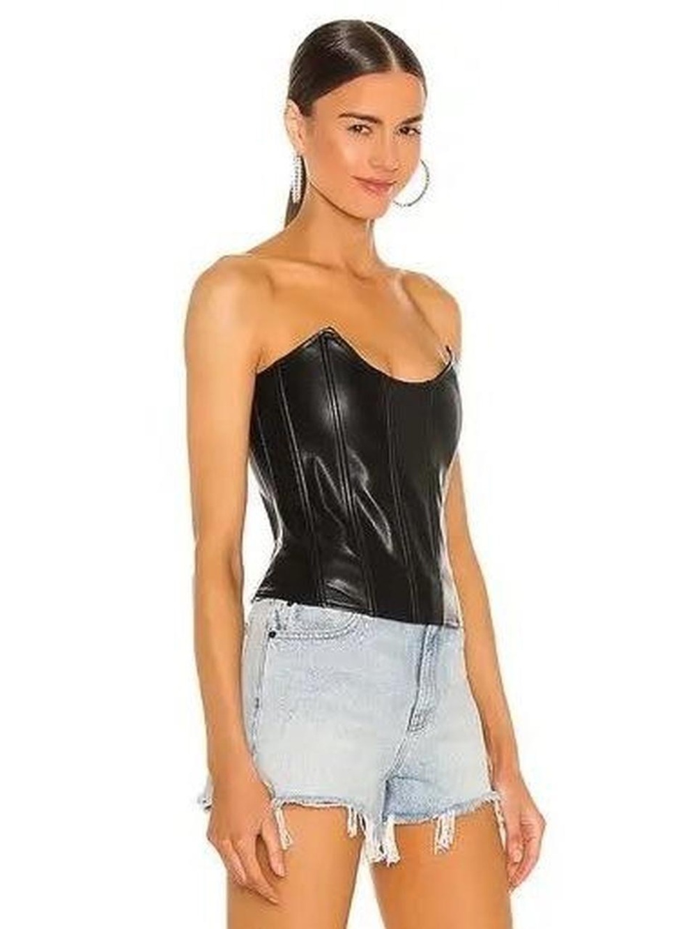 Miaou Strapless Faux Leather Corset Top in Black